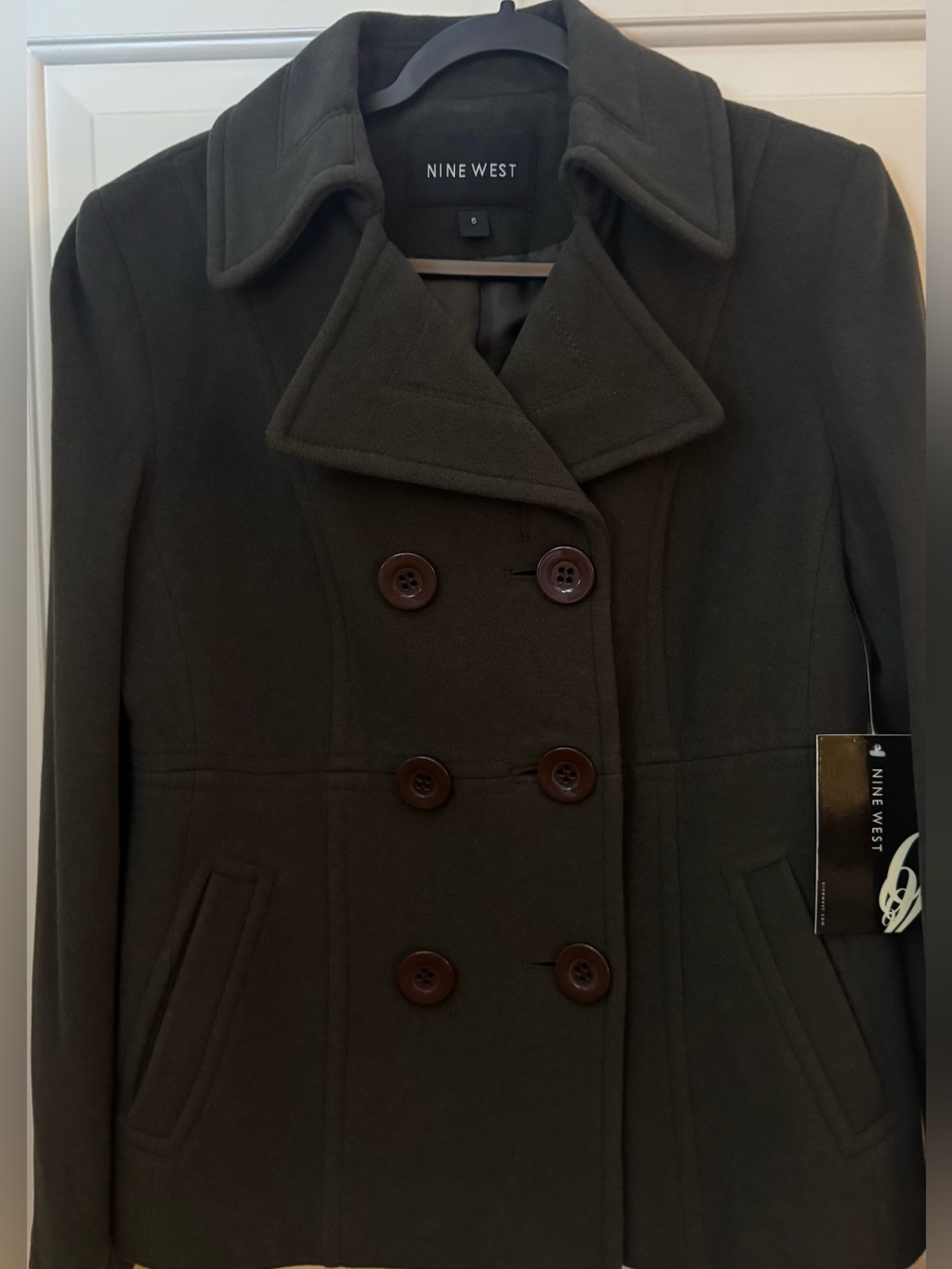 Nine West Coat 80% Wool Peacoat Olive Double-Breasted Coat Size 6 **NWT**